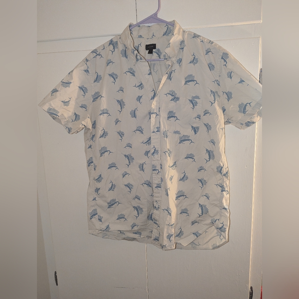 J. Crew White and Blue Fish Print Casual Shirt